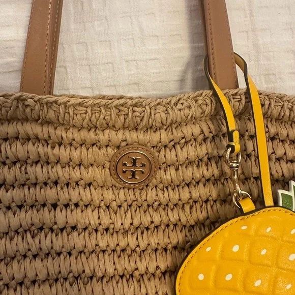 Tory Burch Tan Woven Tote with Yellow Pineapple Charm - Picture 2 of 6